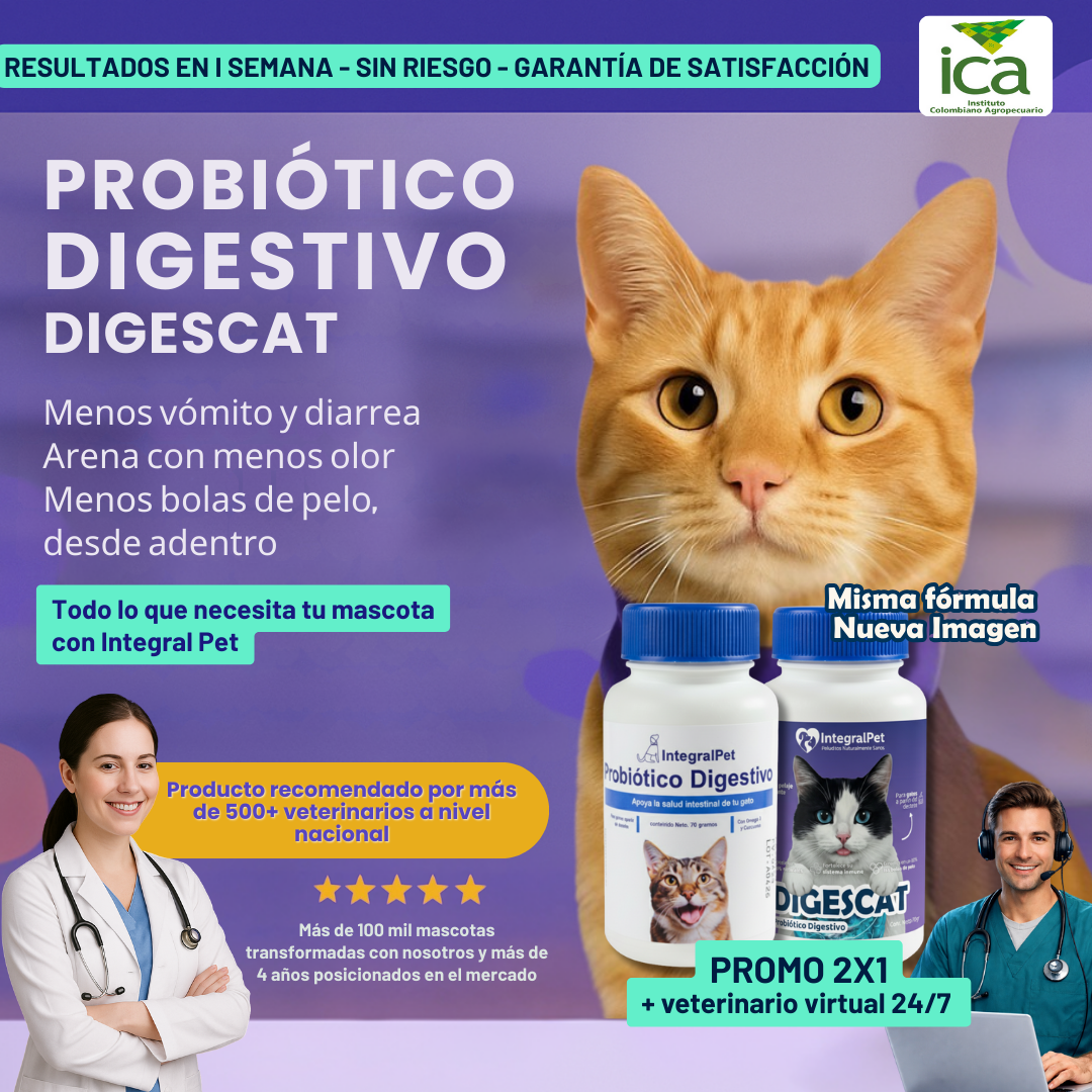 🔴PROMO INICIO DE AÑO🔴Probiótico IntegralPet™️DIGESCAT | Suplemento Natural 3 en 1 | Registro sanitario ✅